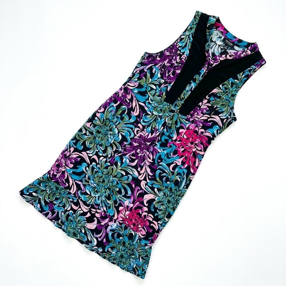 NICOLE MILLER Floral Shirt Dress Black Multicolor Sleeveless Casual Womens 6
